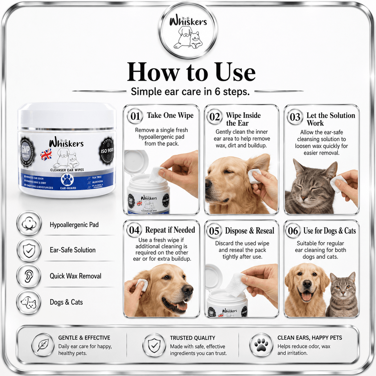 Whiskers Ear Cleanser Wipes for Dogs & Cats – product image 3