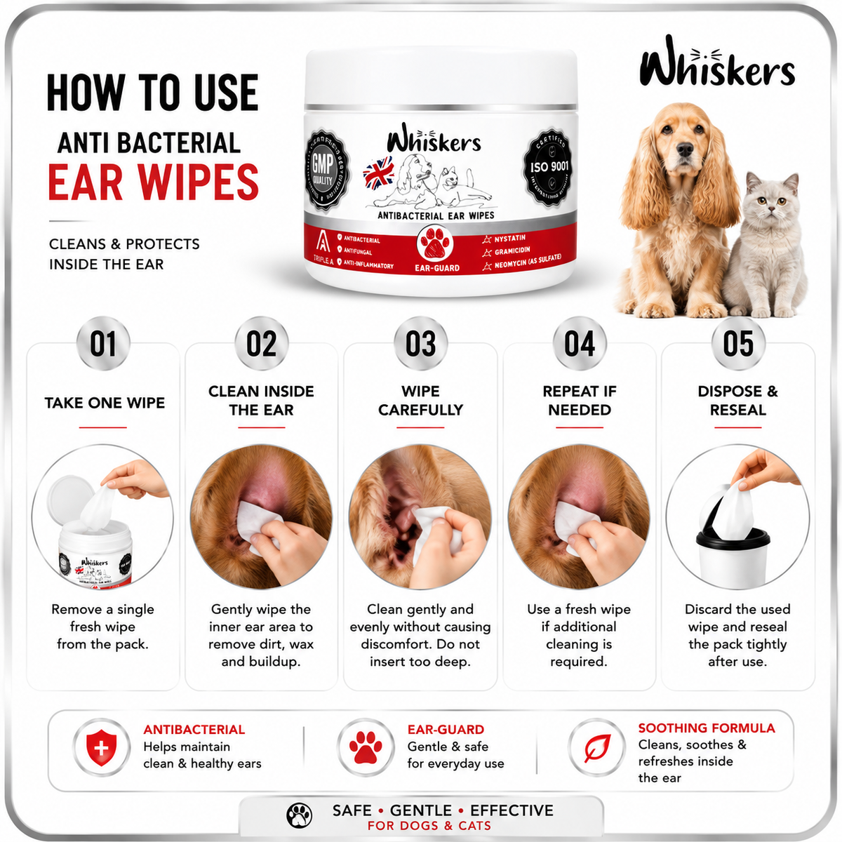 Whiskers Anti-Bacterial Ear Wipes for Dogs & Cats – product image 3